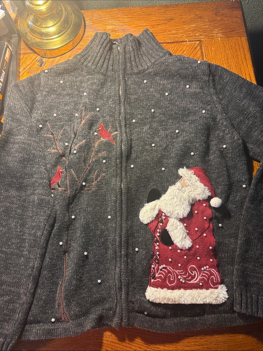 Embroidered Charcoal Gray Holiday Zip Cardigan with Santa and Cardinals